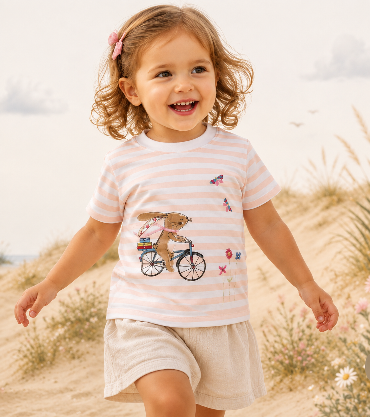 TShirt - Pink Stripe Bunny on Bike